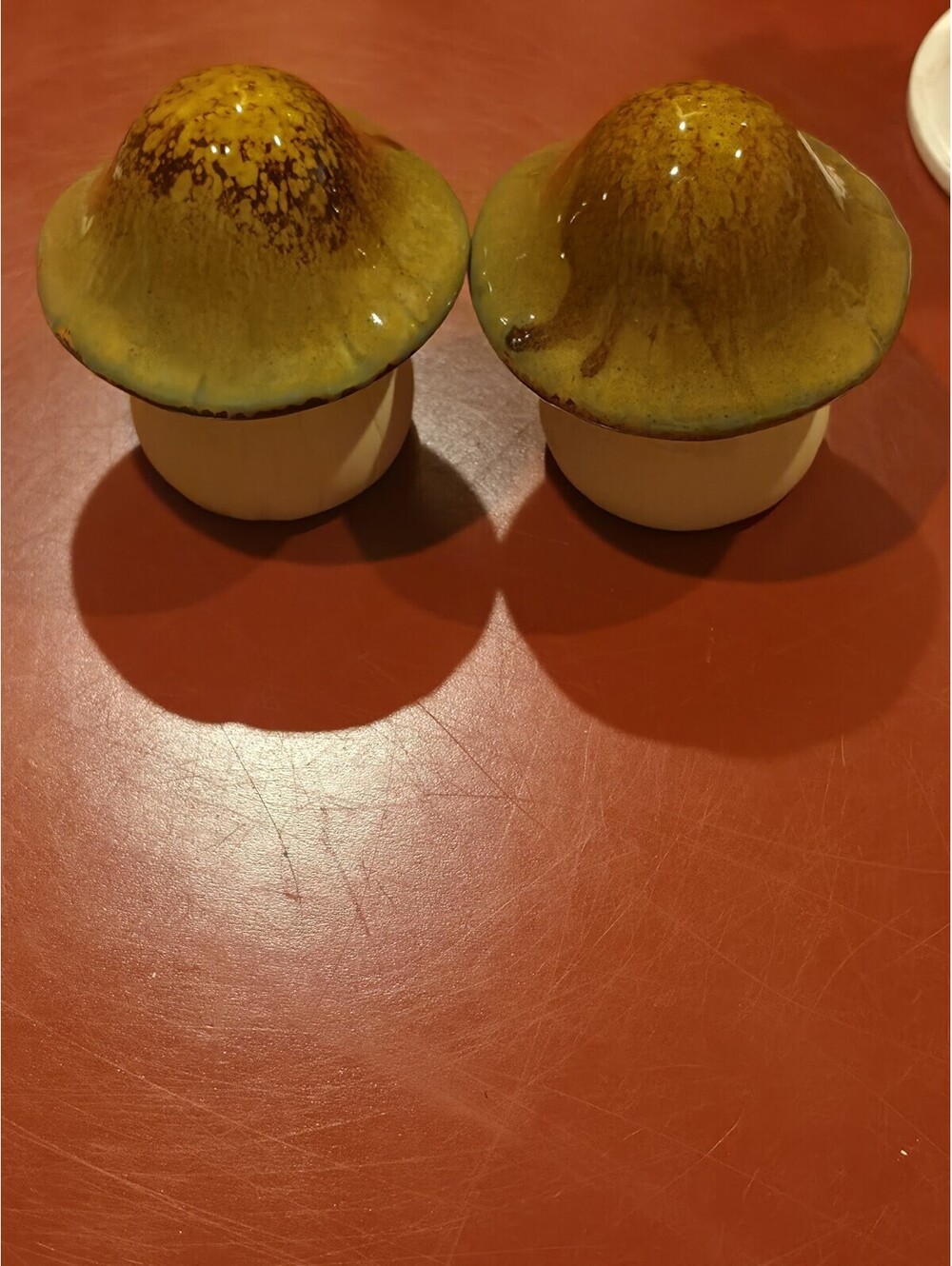 Fairy Garden Clay Glaze Ceramic Mushroom Toadstool Green and Brown 4" tall 2 PC